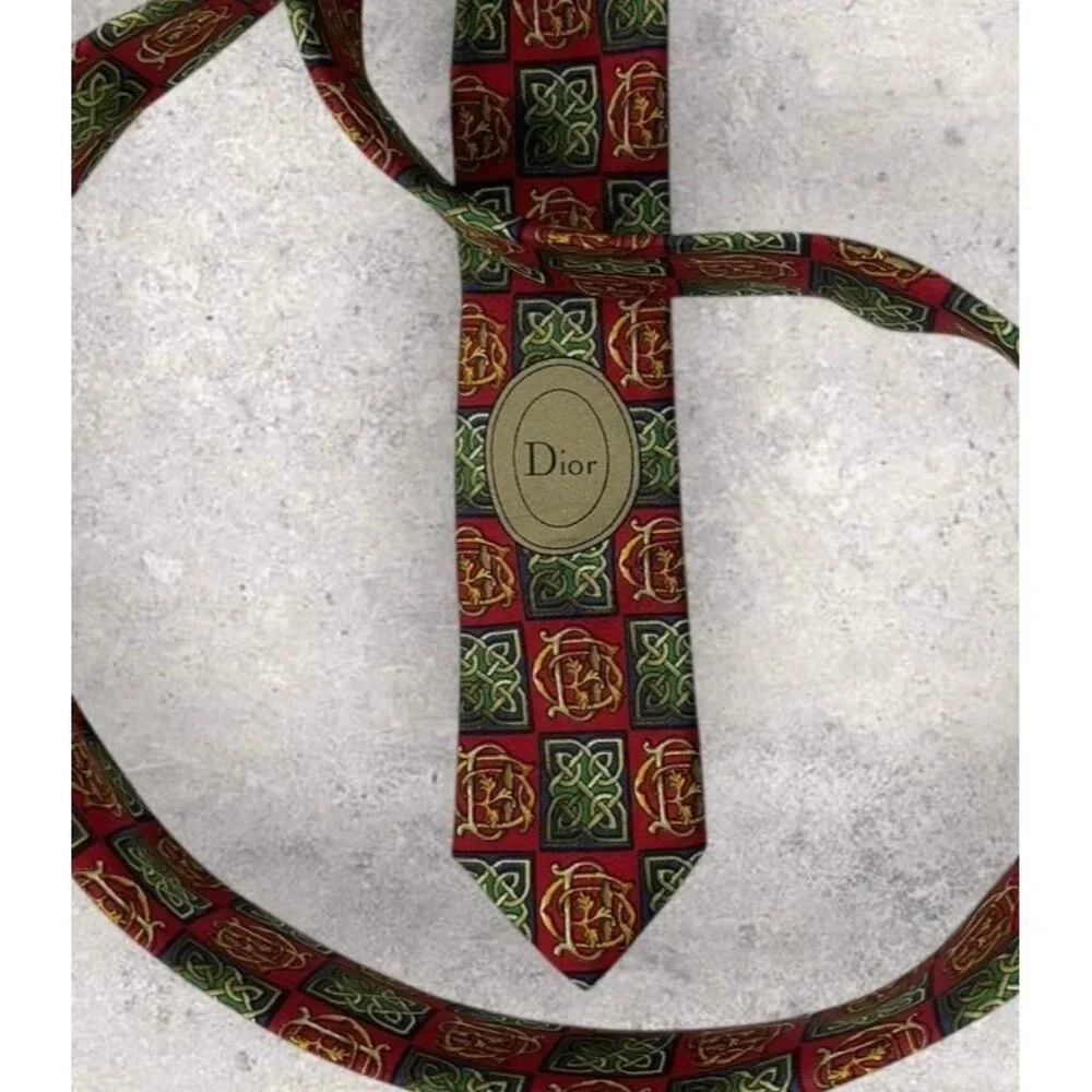CHRISTIAN DIOR Silk Tie FRANCE Red Gold Monogram CD Baroque W:3.8" EUC - Picture 4 of 7